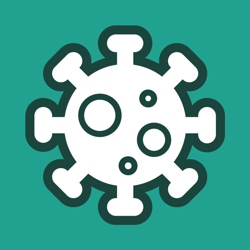 white virus cell icon with dark green outline and green background