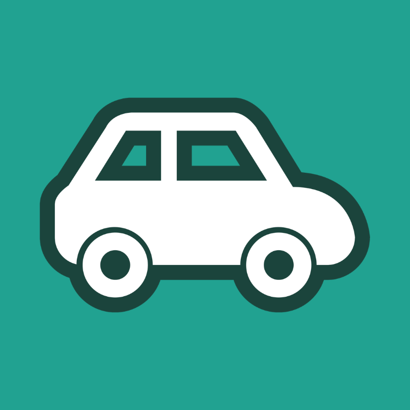 white car icon with dark green outline and green background