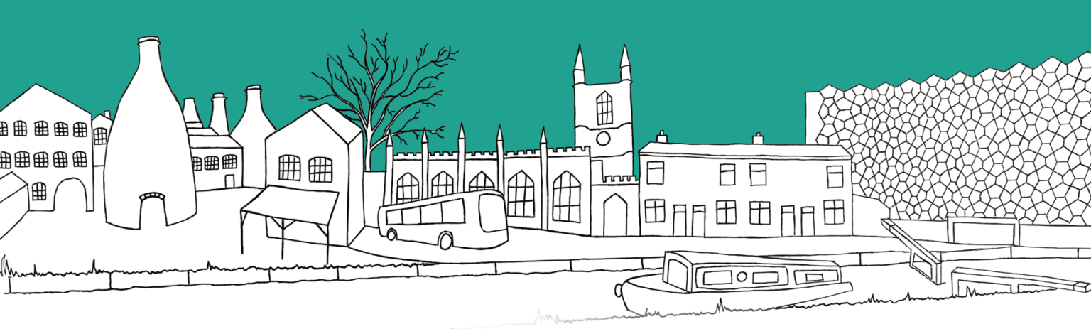 black line illustration of stoke on trent landmarks with a green background