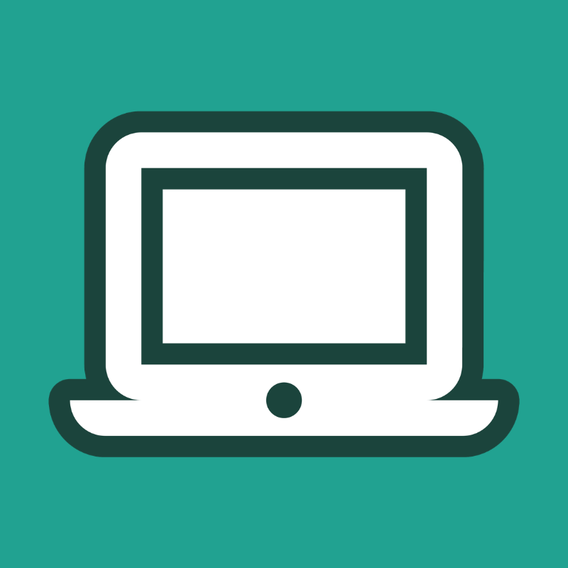 white laptop icon with dark green outline and green background